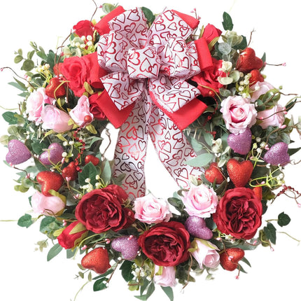 24 Inch Valentine’s Day Wreath for Front Door with Glitter Heart and Red Pink Roses, Valentine Wreaths with Heart Ribbon Bow for Indoor Outdoor, Window, Walls.