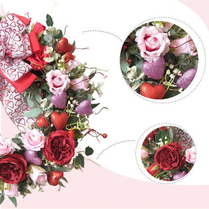 24 Inch Valentine’s Day Wreath for Front Door with Glitter Heart and Red Pink Roses, Valentine Wreaths with Heart Ribbon Bow for Indoor Outdoor, Window, Walls.