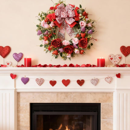 24 Inch Valentine’s Day Wreath for Front Door with Glitter Heart and Red Pink Roses, Valentine Wreaths with Heart Ribbon Bow for Indoor Outdoor, Window, Walls.