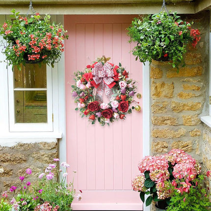 24 Inch Valentine’s Day Wreath for Front Door with Glitter Heart and Red Pink Roses, Valentine Wreaths with Heart Ribbon Bow for Indoor Outdoor, Window, Walls.