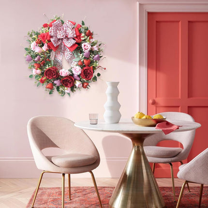 24 Inch Valentine’s Day Wreath for Front Door with Glitter Heart and Red Pink Roses, Valentine Wreaths with Heart Ribbon Bow for Indoor Outdoor, Window, Walls.
