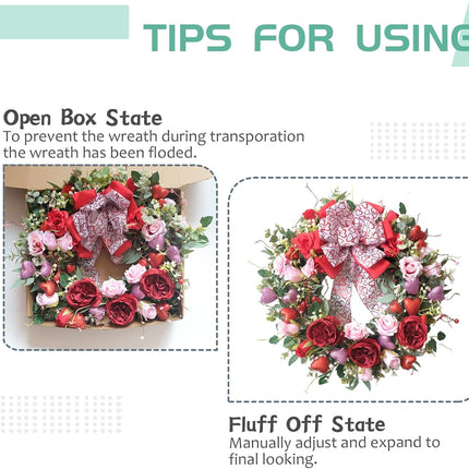 24 Inch Valentine’s Day Wreath for Front Door with Glitter Heart and Red Pink Roses, Valentine Wreaths with Heart Ribbon Bow for Indoor Outdoor, Window, Walls.