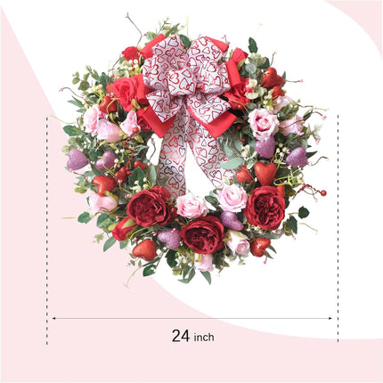 24 Inch Valentine’s Day Wreath for Front Door with Glitter Heart and Red Pink Roses, Valentine Wreaths with Heart Ribbon Bow for Indoor Outdoor, Window, Walls.