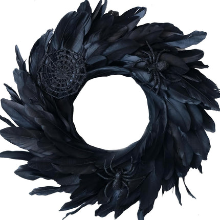 Halloween Black Feather Wreath for Front Door, 14 Inch Halloween Black Wreath with Spider and Web for Indoor Outdoor Decor.
