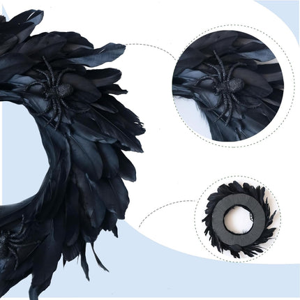 Halloween Black Feather Wreath for Front Door, 14 Inch Halloween Black Wreath with Spider and Web for Indoor Outdoor Decor.