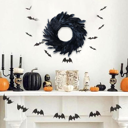 Halloween Black Feather Wreath for Front Door, 14 Inch Halloween Black Wreath with Spider and Web for Indoor Outdoor Decor.