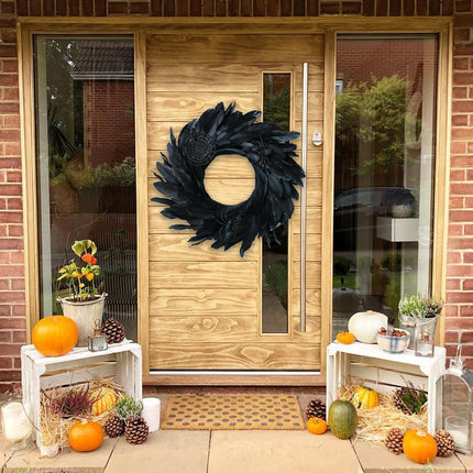 Halloween Black Feather Wreath for Front Door, 14 Inch Halloween Black Wreath with Spider and Web for Indoor Outdoor Decor.