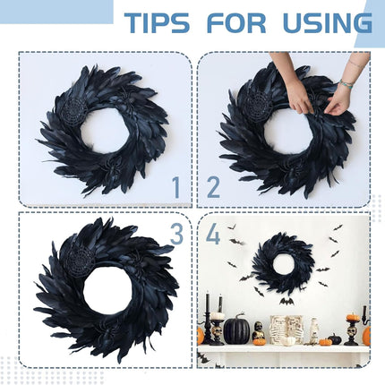 Halloween Black Feather Wreath for Front Door, 14 Inch Halloween Black Wreath with Spider and Web for Indoor Outdoor Decor.
