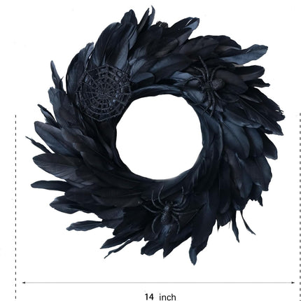 Halloween Black Feather Wreath for Front Door, 14 Inch Halloween Black Wreath with Spider and Web for Indoor Outdoor Decor.