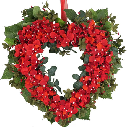 18 Inch Valentine’s Day Heart Wreath for Front Door with Red Hydrangea Flowers, Red Valentines Flower Wreath for Indoor Outdoor, Heart Shaped Wreath for Doors Windows Walls.
