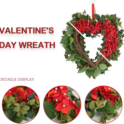 18 Inch Valentine’s Day Heart Wreath for Front Door with Red Hydrangea Flowers, Red Valentines Flower Wreath for Indoor Outdoor, Heart Shaped Wreath for Doors Windows Walls.