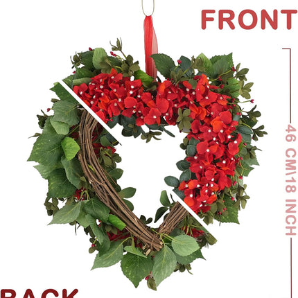 18 Inch Valentine’s Day Heart Wreath for Front Door with Red Hydrangea Flowers, Red Valentines Flower Wreath for Indoor Outdoor, Heart Shaped Wreath for Doors Windows Walls.
