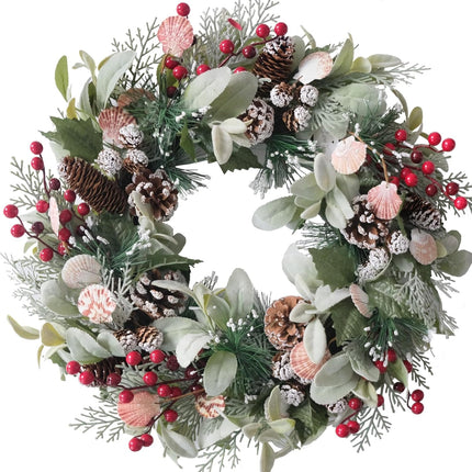 Winter Shells Wreath Christmas Wreath Front Door 22 Inch Artificial Christmas Wreath Decorated with Pine Needles Lamb's Leaves Berries Shells Pine Cones for Indoor Outdoor.