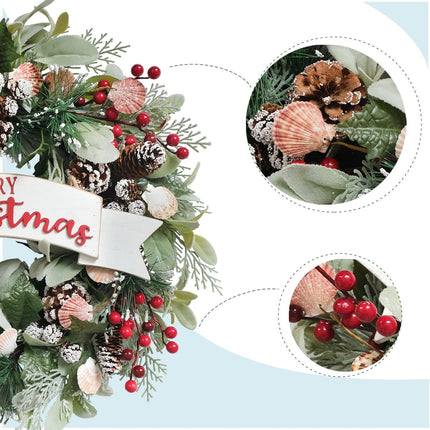Winter Shells Wreath Christmas Wreath Front Door 22 Inch Artificial Christmas Wreath Decorated with Pine Needles Lamb's Leaves Berries Shells Pine Cones for Indoor Outdoor.