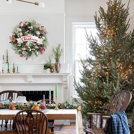 Winter Shells Wreath Christmas Wreath Front Door 22 Inch Artificial Christmas Wreath Decorated with Pine Needles Lamb's Leaves Berries Shells Pine Cones for Indoor Outdoor.