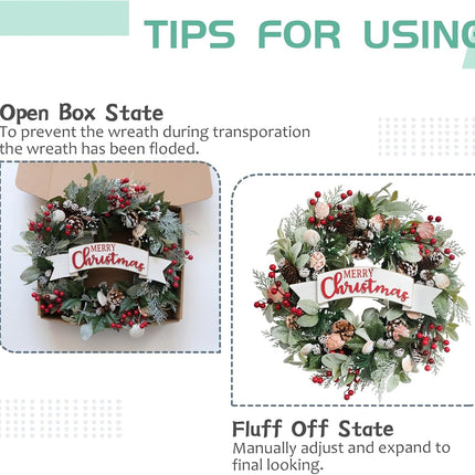 Winter Shells Wreath Christmas Wreath Front Door 22 Inch Artificial Christmas Wreath Decorated with Pine Needles Lamb's Leaves Berries Shells Pine Cones for Indoor Outdoor.