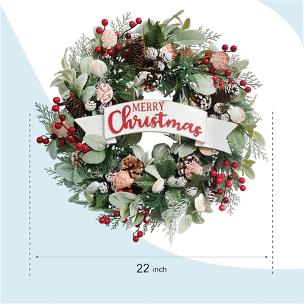 Winter Shells Wreath Christmas Wreath Front Door 22 Inch Artificial Christmas Wreath Decorated with Pine Needles Lamb's Leaves Berries Shells Pine Cones for Indoor Outdoor.