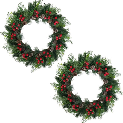 2 PCS 13 Inch Christmas Wreaths Sets for Doors Cabinets, Christmas Green Pine Wreath with Red Berries Mini Pinecones for Indoor Outdoor, Rustic Farmhouse Xmas Wreaths.