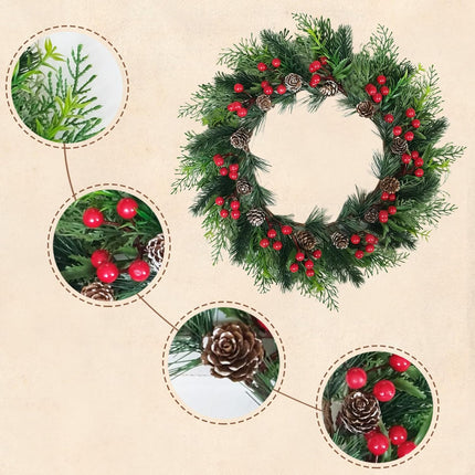 2 PCS 13 Inch Christmas Wreaths Sets for Doors Cabinets, Christmas Green Pine Wreath with Red Berries Mini Pinecones for Indoor Outdoor, Rustic Farmhouse Xmas Wreaths.