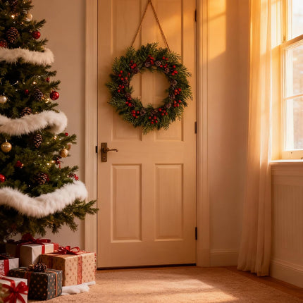 2 PCS 13 Inch Christmas Wreaths Sets for Doors Cabinets, Christmas Green Pine Wreath with Red Berries Mini Pinecones for Indoor Outdoor, Rustic Farmhouse Xmas Wreaths.
