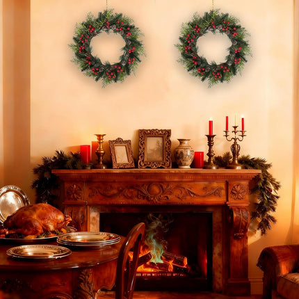 2 PCS 13 Inch Christmas Wreaths Sets for Doors Cabinets, Christmas Green Pine Wreath with Red Berries Mini Pinecones for Indoor Outdoor, Rustic Farmhouse Xmas Wreaths.