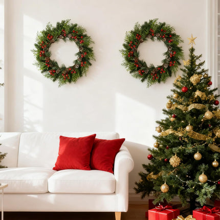 2 PCS 13 Inch Christmas Wreaths Sets for Doors Cabinets, Christmas Green Pine Wreath with Red Berries Mini Pinecones for Indoor Outdoor, Rustic Farmhouse Xmas Wreaths.