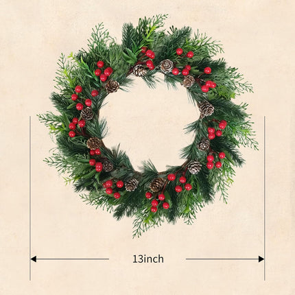 2 PCS 13 Inch Christmas Wreaths Sets for Doors Cabinets, Christmas Green Pine Wreath with Red Berries Mini Pinecones for Indoor Outdoor, Rustic Farmhouse Xmas Wreaths.