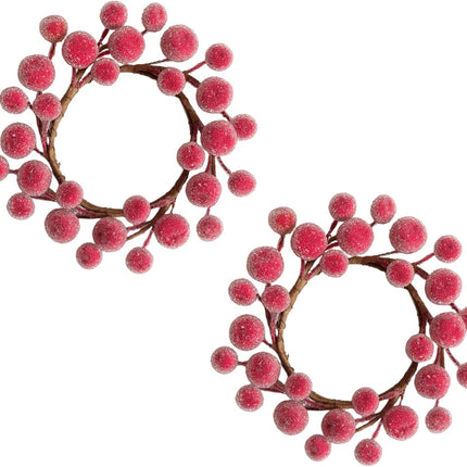 2 PCS 9 Inch Christmas Iced Red Berries Mini Wreath for Candle Ring and Centerpieces Decoration, Christmas Kitchen Cabinet Decorative Small Wreaths.