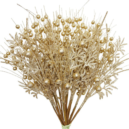 18 PCS 18 Inch Glitter Picks and Sprays for Christmas Tree and Wreath, Artificial Glitter Berries Stem Ornaments for Christmas Filler, Gold Ornaments for Xmas Tree.