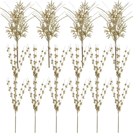 18 PCS 18 Inch Glitter Picks and Sprays for Christmas Tree and Wreath, Artificial Glitter Berries Stem Ornaments for Christmas Filler, Gold Ornaments for Xmas Tree.