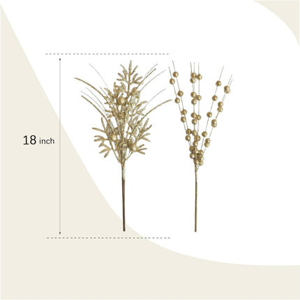 18 PCS 18 Inch Glitter Picks and Sprays for Christmas Tree and Wreath, Artificial Glitter Berries Stem Ornaments for Christmas Filler, Gold Ornaments for Xmas Tree.