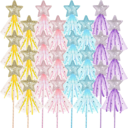 24 Pcs Glitter Star Magic Wand Princess Wand Fairy Angel Star Stick with Ribbon for Girl Kid Birthday Wedding Princess Dress up Role Play Party Supply Favor, Pink Purple Gold Blue.