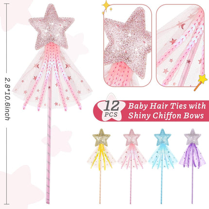 24 Pcs Glitter Star Magic Wand Princess Wand Fairy Angel Star Stick with Ribbon for Girl Kid Birthday Wedding Princess Dress up Role Play Party Supply Favor, Pink Purple Gold Blue.