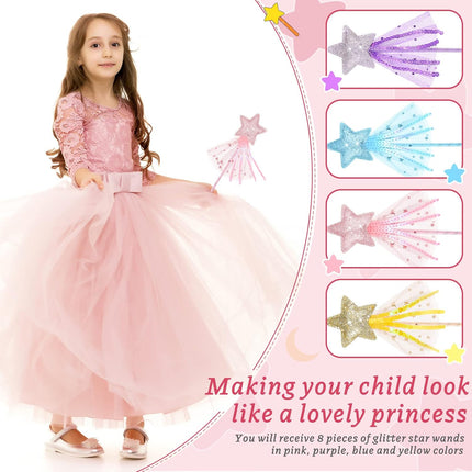 24 Pcs Glitter Star Magic Wand Princess Wand Fairy Angel Star Stick with Ribbon for Girl Kid Birthday Wedding Princess Dress up Role Play Party Supply Favor, Pink Purple Gold Blue.