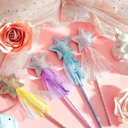 24 Pcs Glitter Star Magic Wand Princess Wand Fairy Angel Star Stick with Ribbon for Girl Kid Birthday Wedding Princess Dress up Role Play Party Supply Favor, Pink Purple Gold Blue.