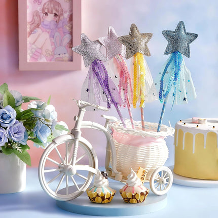 24 Pcs Glitter Star Magic Wand Princess Wand Fairy Angel Star Stick with Ribbon for Girl Kid Birthday Wedding Princess Dress up Role Play Party Supply Favor, Pink Purple Gold Blue.