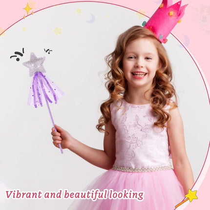 24 Pcs Glitter Star Magic Wand Princess Wand Fairy Angel Star Stick with Ribbon for Girl Kid Birthday Wedding Princess Dress up Role Play Party Supply Favor, Pink Purple Gold Blue.