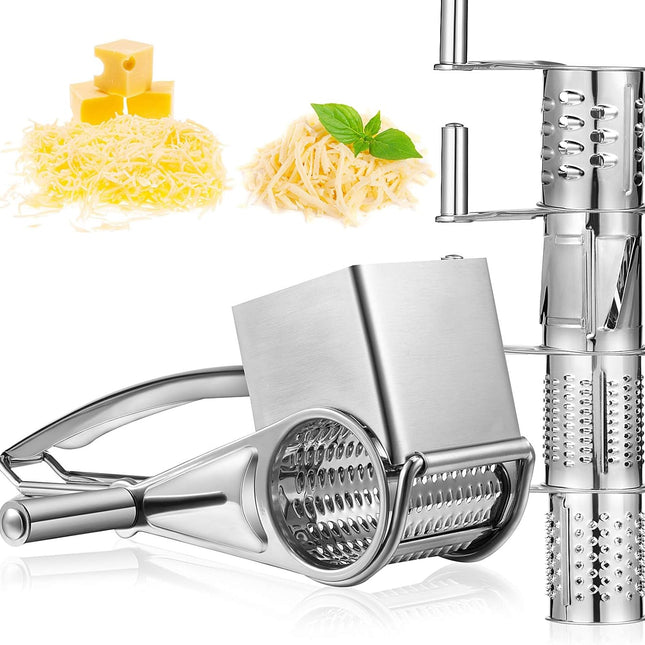 Rotary Cheese Grater Stainless Steel Handheld Rotary Parmesan Grater Cheese Cutter Slicer Shredder with 4 Stainless Drum for Grating Hard Chocolate Nuts Kitchen Tool.