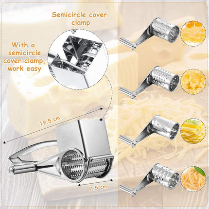 Rotary Cheese Grater Stainless Steel Handheld Rotary Parmesan Grater Cheese Cutter Slicer Shredder with 4 Stainless Drum for Grating Hard Chocolate Nuts Kitchen Tool.