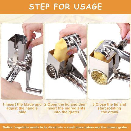 Rotary Cheese Grater Stainless Steel Handheld Rotary Parmesan Grater Cheese Cutter Slicer Shredder with 4 Stainless Drum for Grating Hard Chocolate Nuts Kitchen Tool.