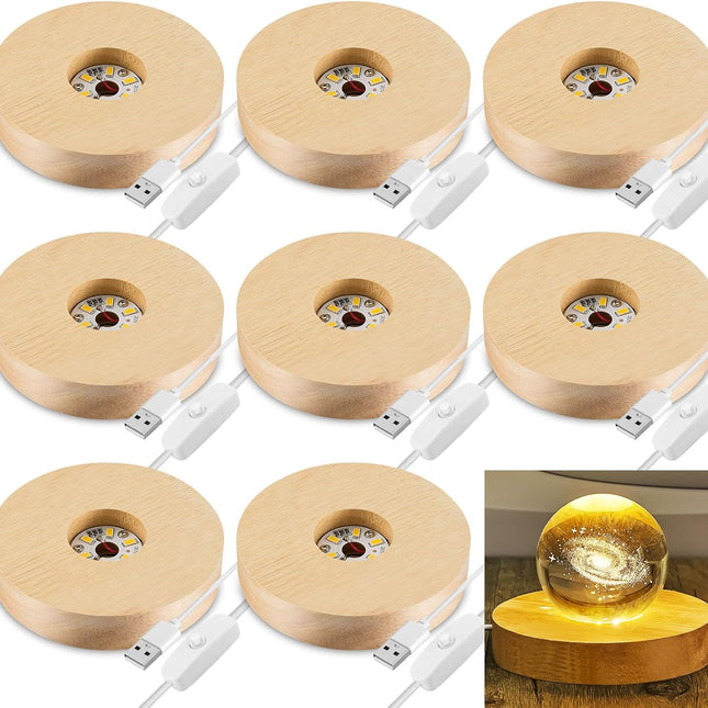8 Pcs Wooden LED Display Base Lighted Base for Crystal Art Wood Display for Glass Art 3D Crystal Warm Light(Round Surface Style).