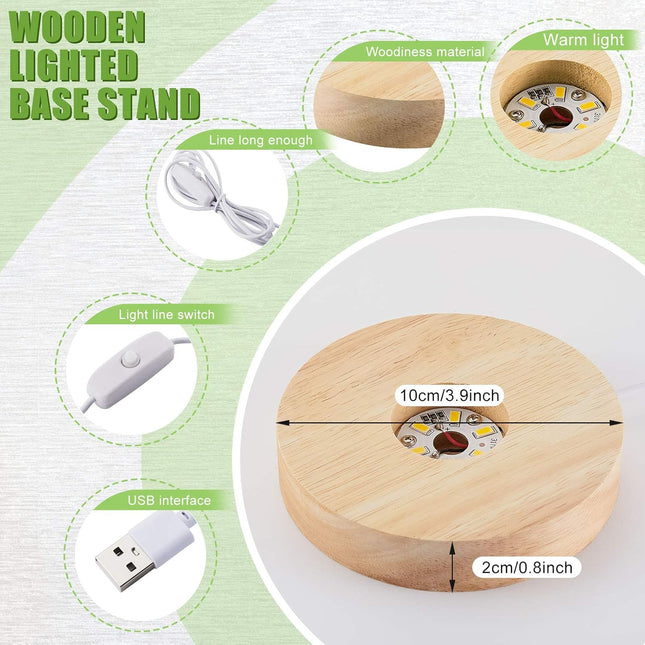 8 Pcs Wooden LED Display Base Lighted Base for Crystal Art Wood Display for Glass Art 3D Crystal Warm Light(Round Surface Style).
