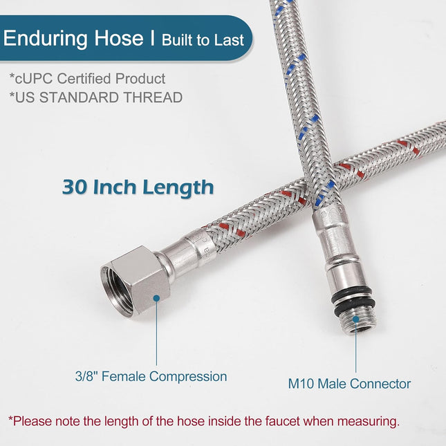 30 Inch Faucet Supply Lines, Bathroom Kitchen Water Supply Line 3/8" Female Compression Thread x M10 Male Connector, Braided Stainless Steel Water Hose for Sink Faucet with 1/2” Adapter (1 Pair).