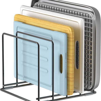 Kitchen Organizer Rack - 4-Slot Heavy-Duty Holder for Cutting Boards,Cookware – Rust-Resistant, Space-Saving Design with Non-Slip Feet for Countertop and Cabinet Storage (1 Pack).