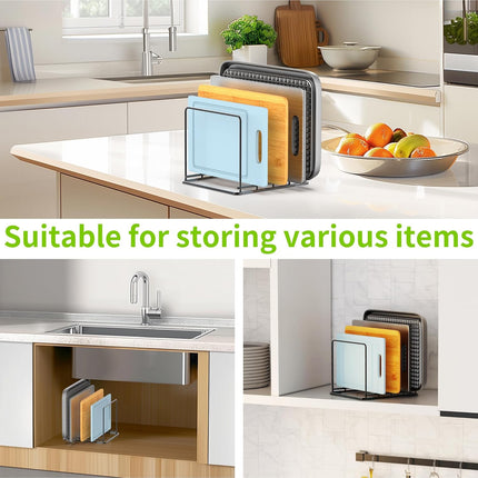 Kitchen Organizer Rack - 4-Slot Heavy-Duty Holder for Cutting Boards,Cookware – Rust-Resistant, Space-Saving Design with Non-Slip Feet for Countertop and Cabinet Storage (1 Pack).