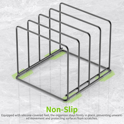 Kitchen Organizer Rack - 4-Slot Heavy-Duty Holder for Cutting Boards,Cookware – Rust-Resistant, Space-Saving Design with Non-Slip Feet for Countertop and Cabinet Storage (1 Pack).
