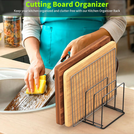 Kitchen Organizer Rack - 4-Slot Heavy-Duty Holder for Cutting Boards,Cookware – Rust-Resistant, Space-Saving Design with Non-Slip Feet for Countertop and Cabinet Storage (1 Pack).