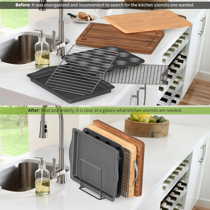Kitchen Organizer Rack - 4-Slot Heavy-Duty Holder for Cutting Boards,Cookware – Rust-Resistant, Space-Saving Design with Non-Slip Feet for Countertop and Cabinet Storage (1 Pack).