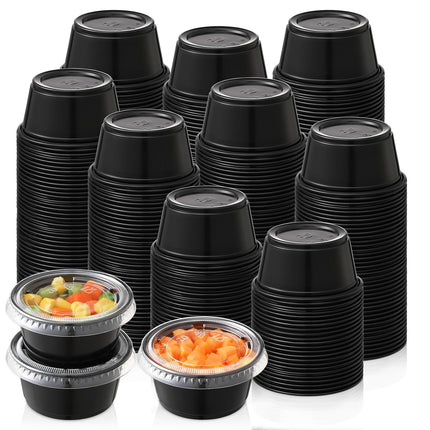 200-2 oz Black Jello Shot Cups, Portion Cups, Small Plastic Containers with Lids, Airtight Souffle Cups, Salad Dressing Container, Sauce Cups, Condiment Cups for Lunch, Party to Go, Trips.