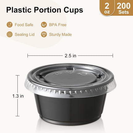 200-2 oz Black Jello Shot Cups, Portion Cups, Small Plastic Containers with Lids, Airtight Souffle Cups, Salad Dressing Container, Sauce Cups, Condiment Cups for Lunch, Party to Go, Trips.